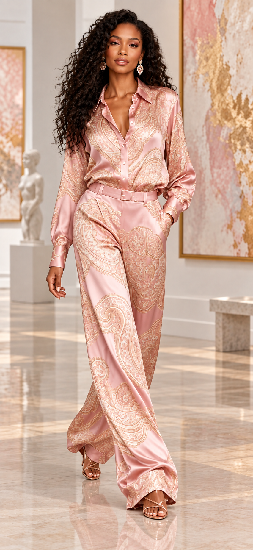 Blush Pink paisley shirt and wide-leg pants set — different model in heels, new alternate