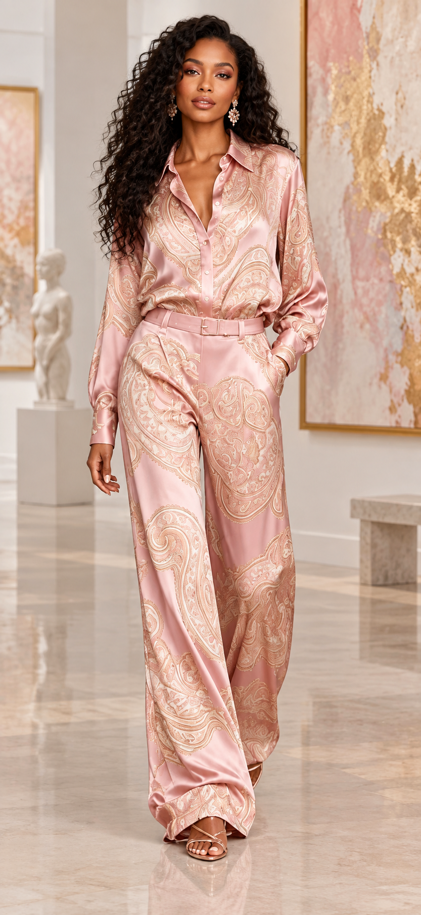 Blush Pink paisley shirt and wide-leg pants set — different model in heels, new front