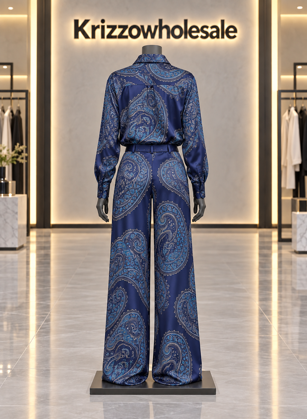 Navy paisley shirt and wide-leg pants set — mannequin rear illustration