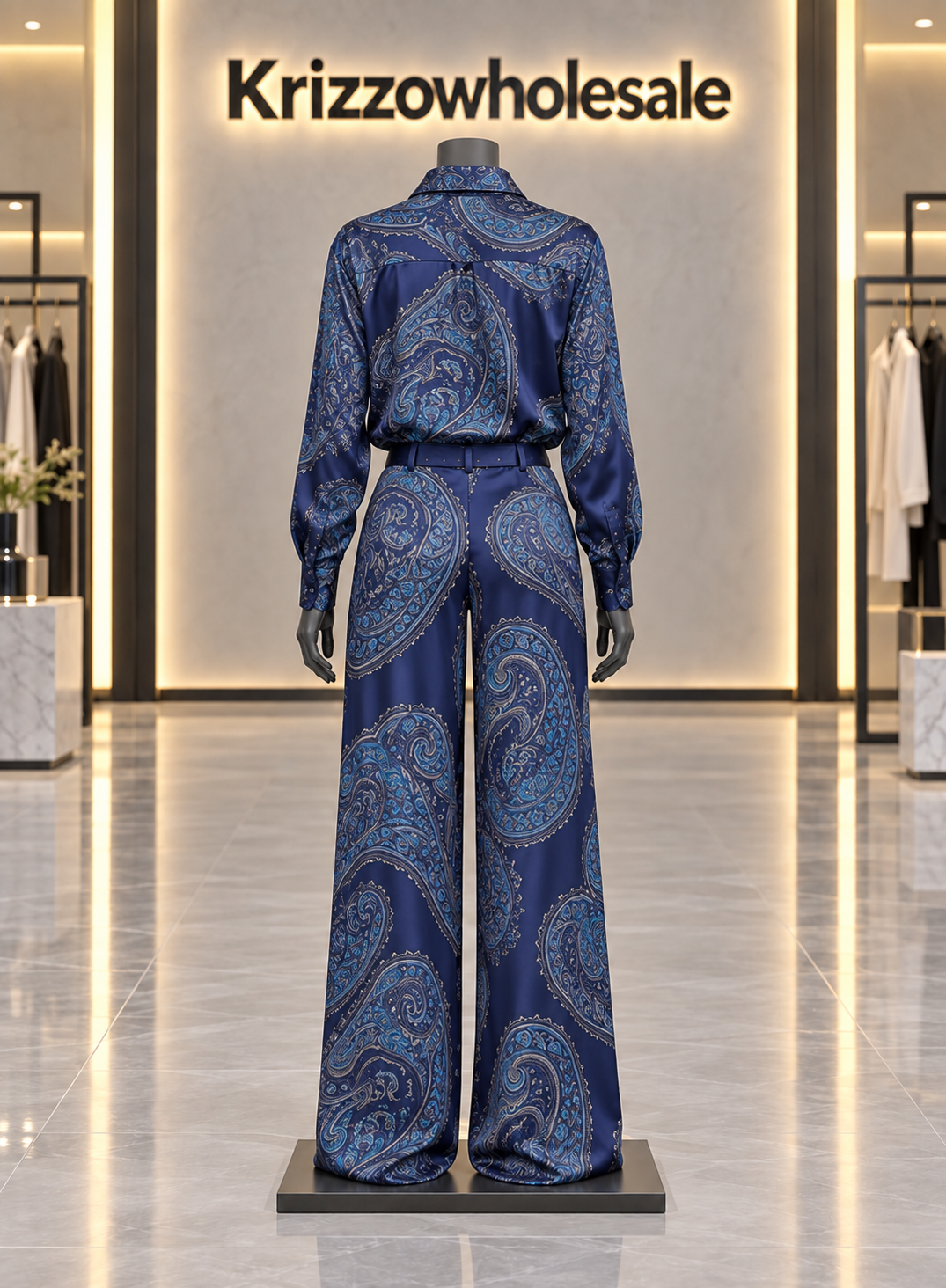 Navy paisley shirt and wide-leg pants set — mannequin rear illustration