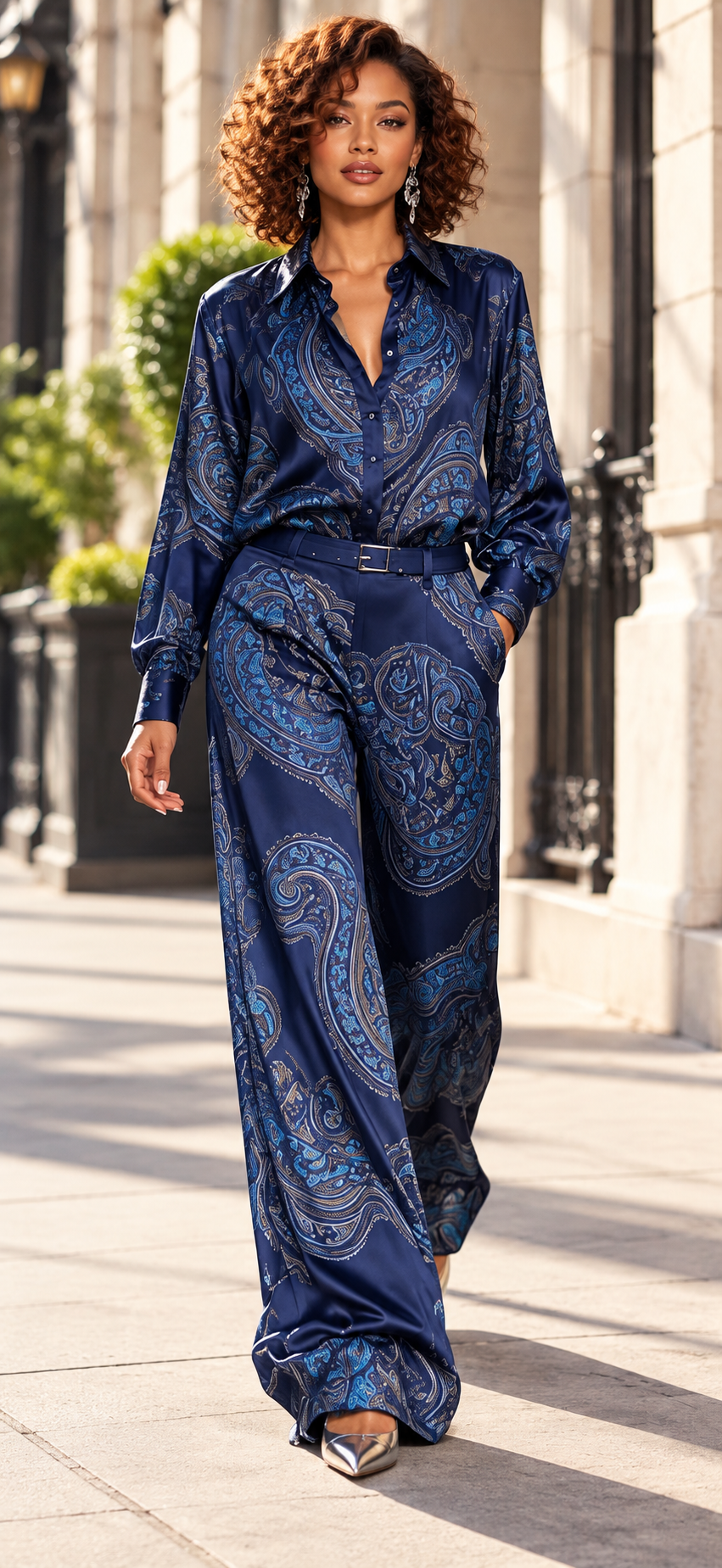 Navy paisley shirt and wide-leg pants set — different model in heels, new front