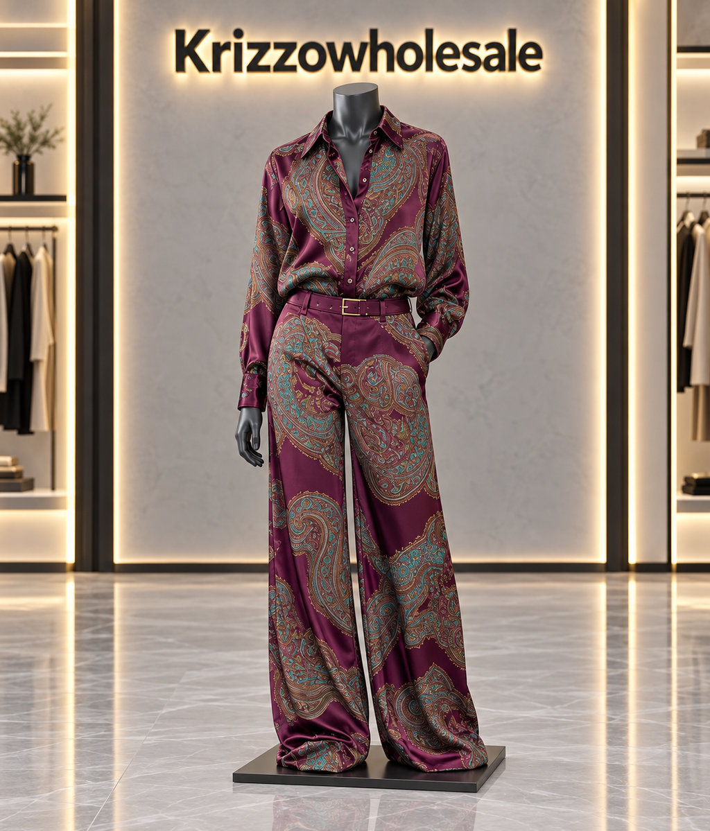 Plum paisley shirt and wide-leg pants set — Krizzowholesale mannequin front