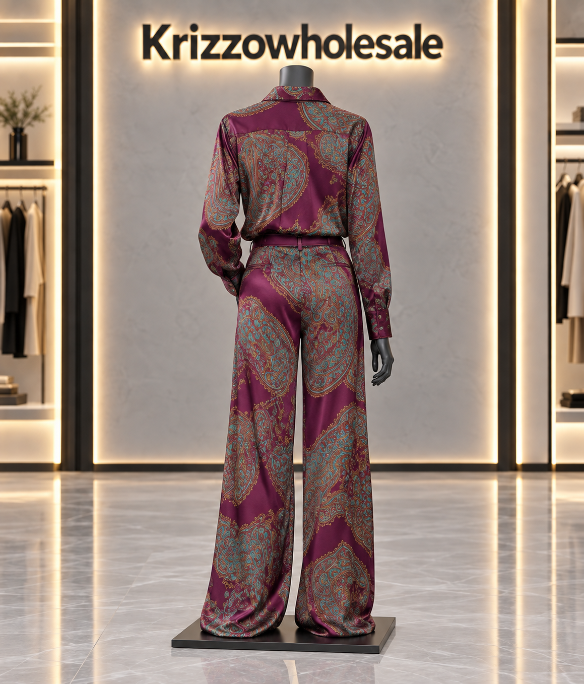 Plum paisley shirt and wide-leg pants set — mannequin rear