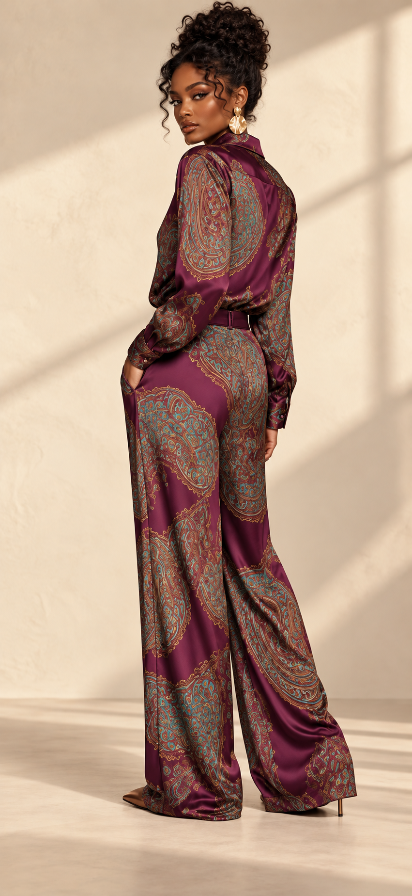 Plum paisley shirt and wide-leg pants set — model rear