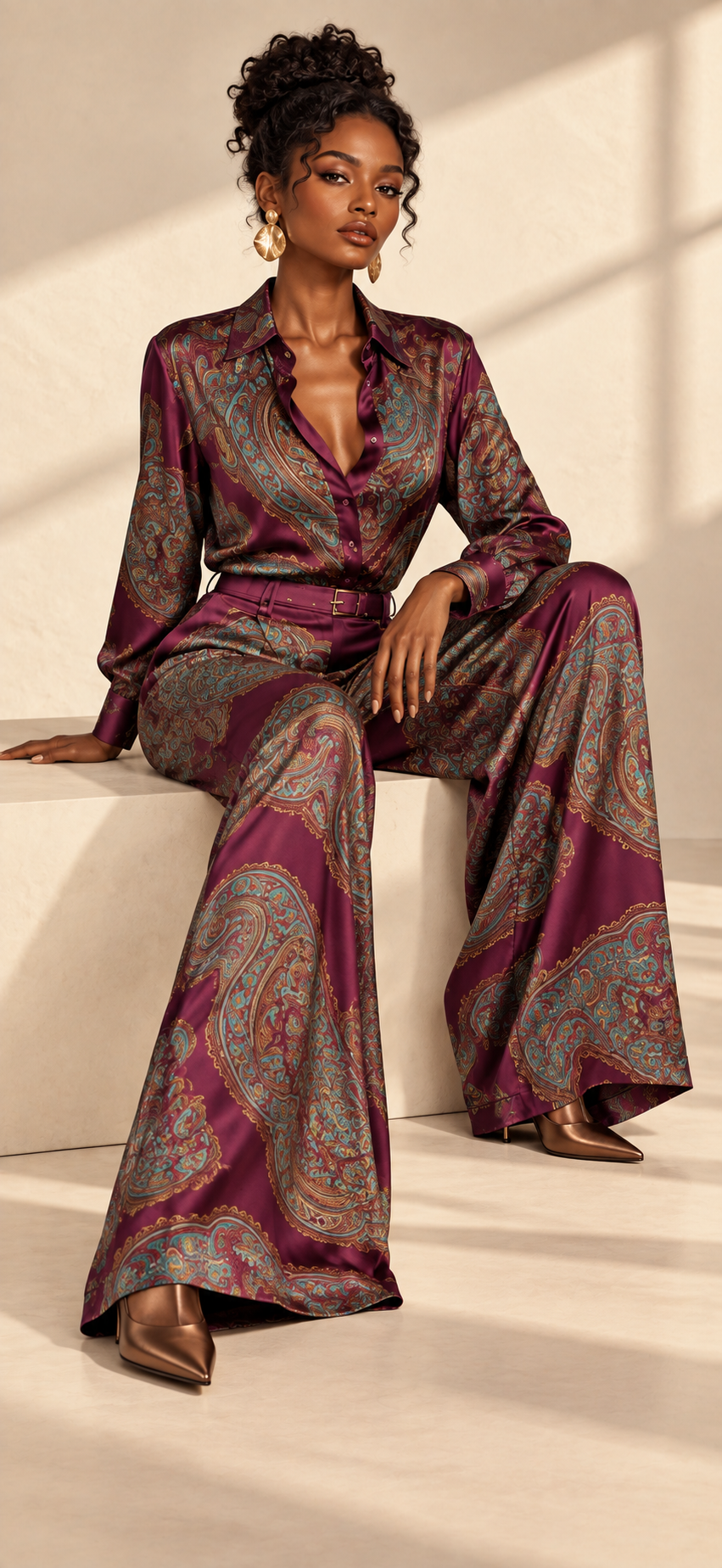 Plum paisley shirt and wide-leg pants set — different model in heels, new alternate