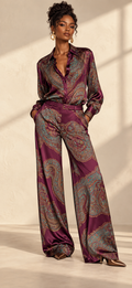 Plum paisley shirt and wide-leg pants set — different model in heels, new front