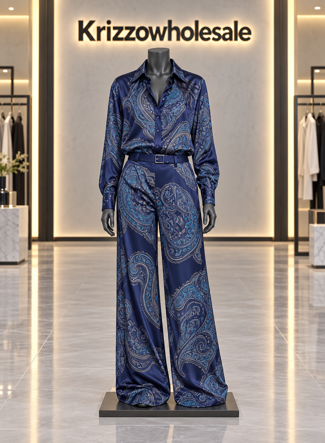 Navy paisley shirt and wide-leg pants set — Krizzowholesale mannequin view