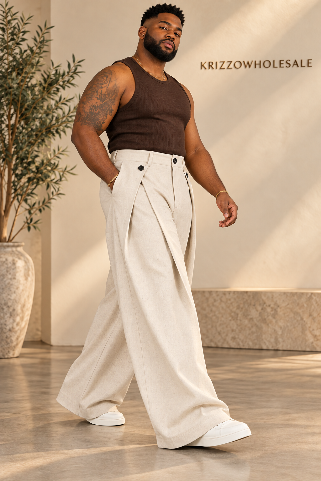 Apricot pants on fuller model, side walking pose