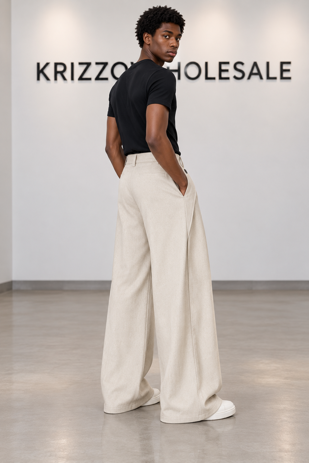 Apricot pants on slim model, back view
