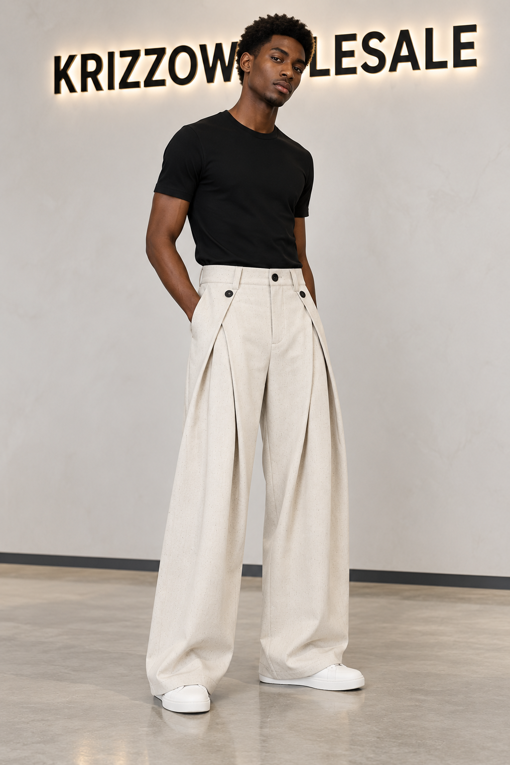 Apricot pants on slim model, front view