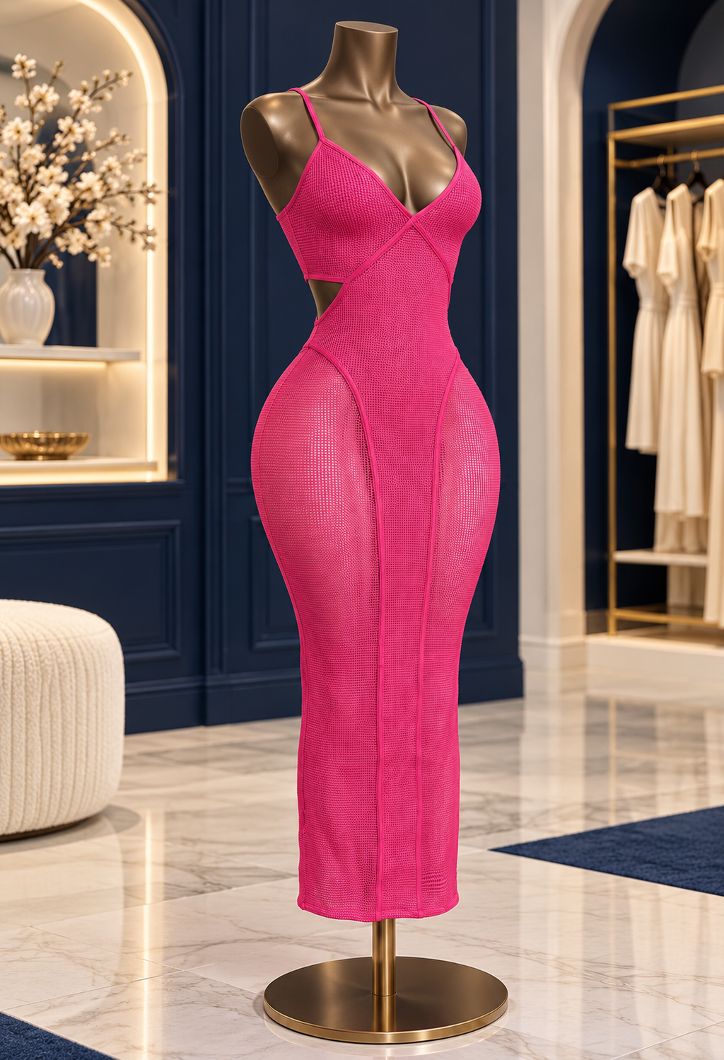 Front three-quarter view of hot pink mesh midi dress