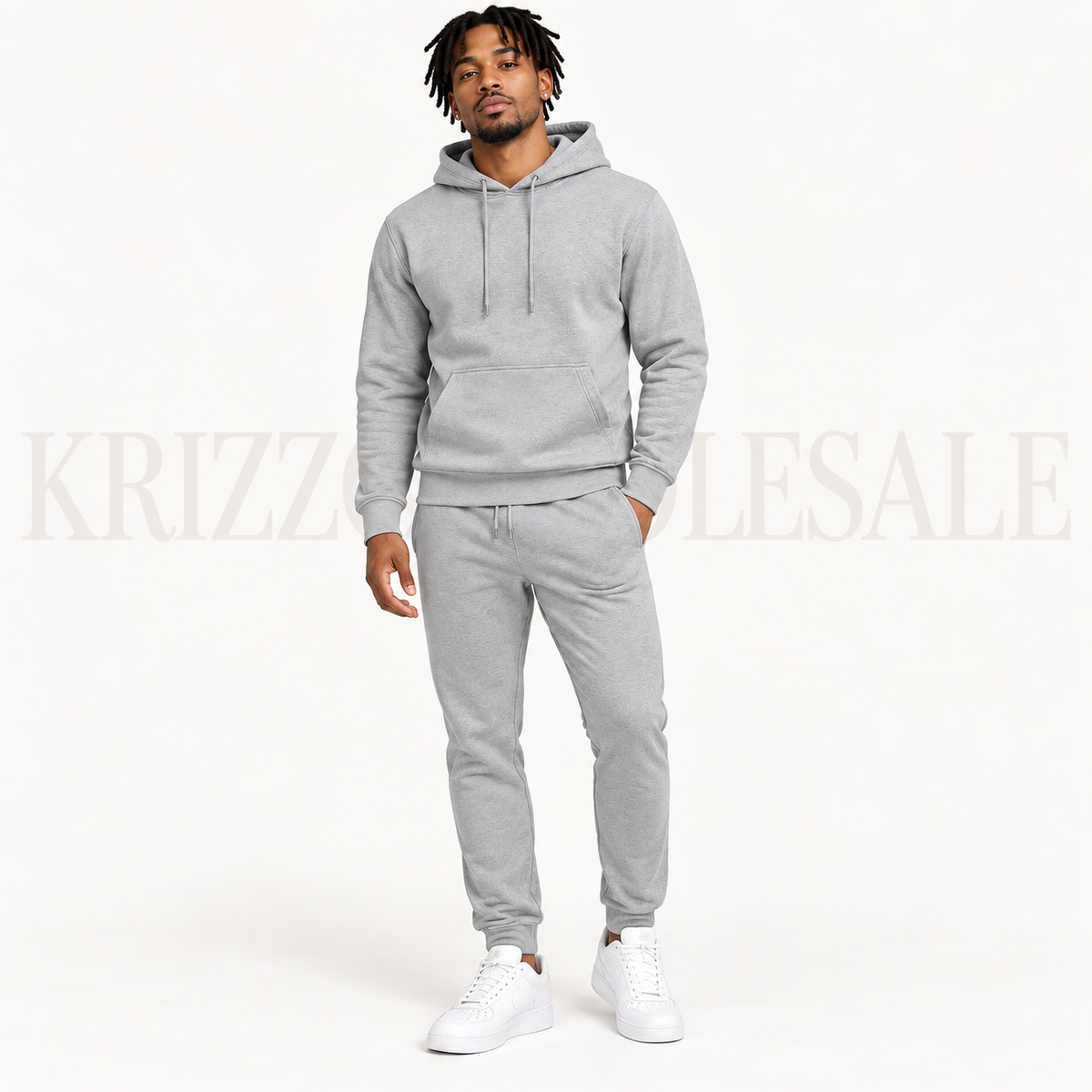Krizzowholesale men's pullover hoodie and jogger set in Light Gray worn by model