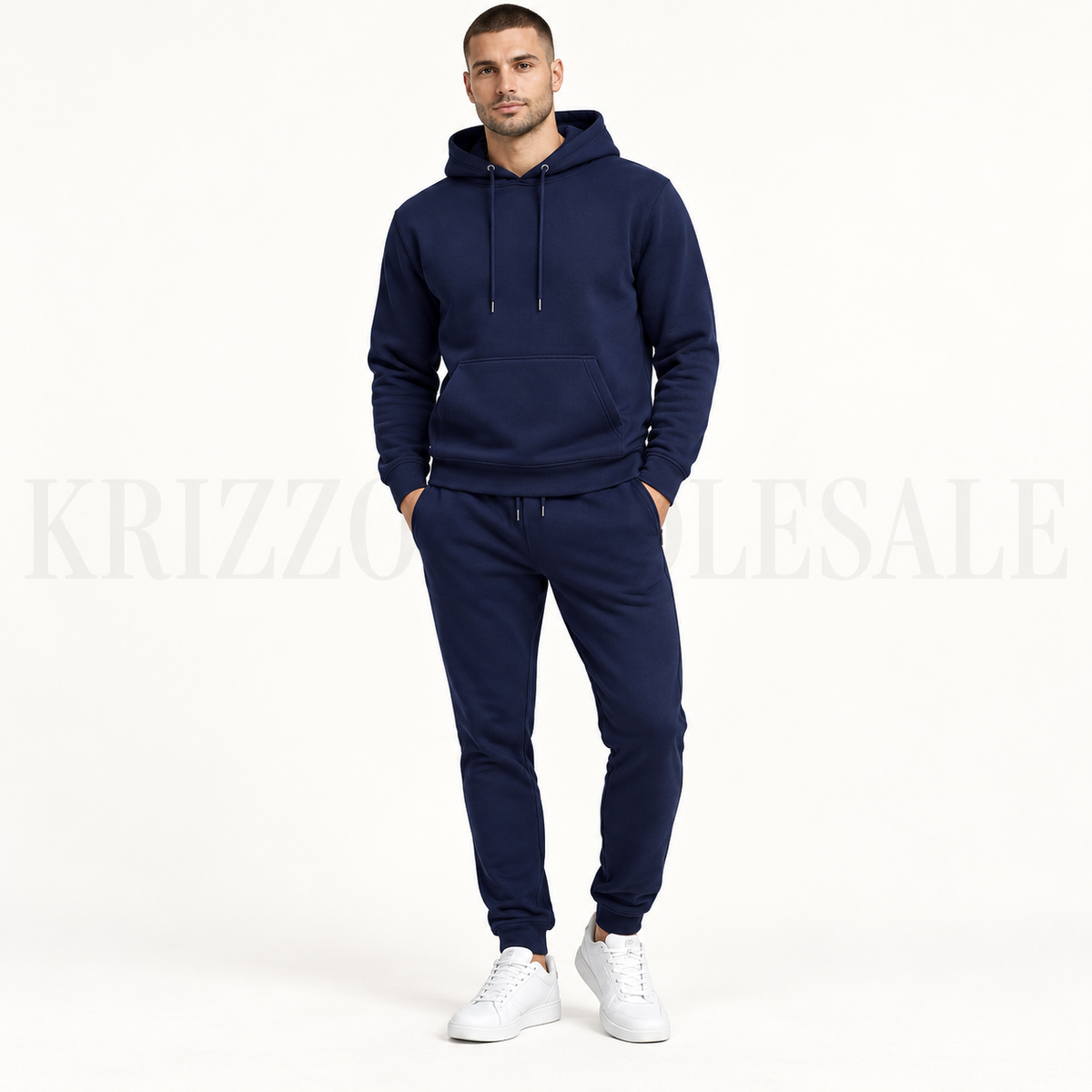 Krizzowholesale men's pullover hoodie and jogger set in Navy worn by model