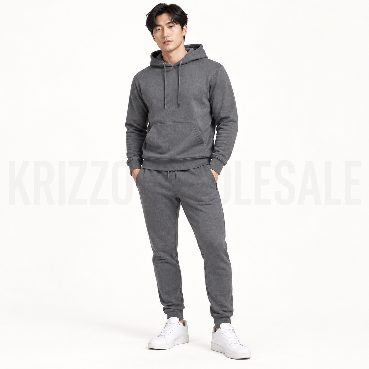 Krizzowholesale men's pullover hoodie and jogger set in Dark Gray worn by model