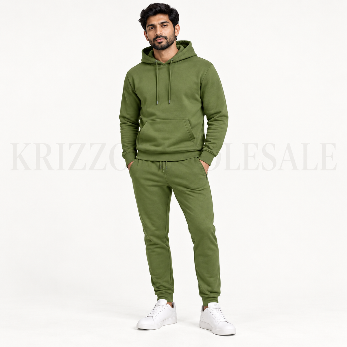 Krizzowholesale men's pullover hoodie and jogger set in Olive worn by model
