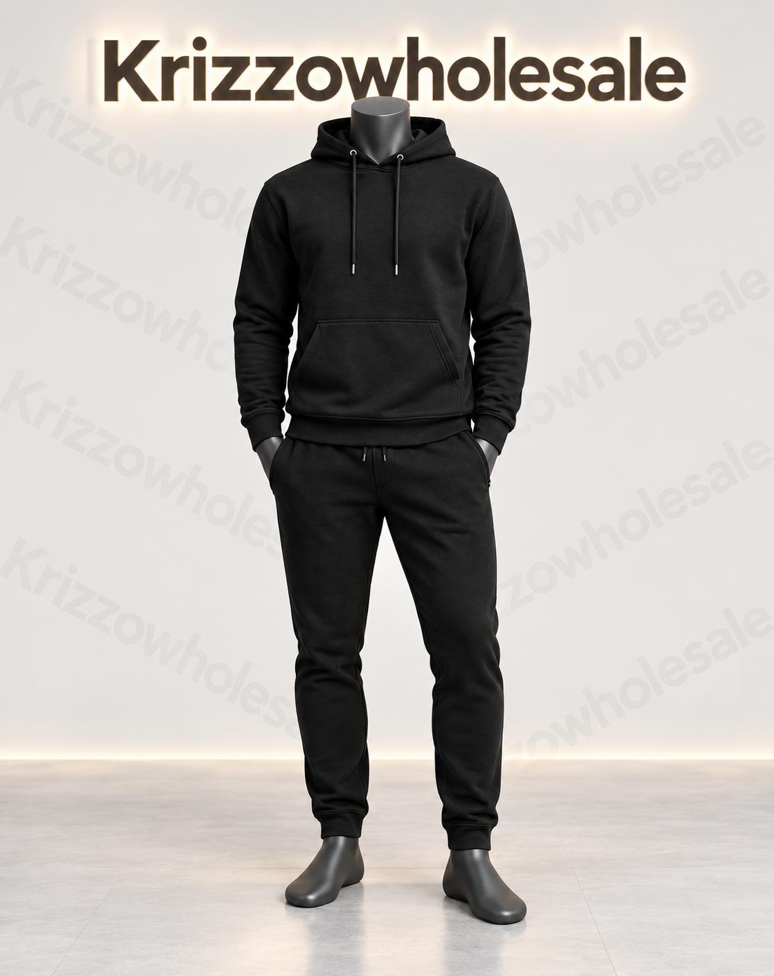 Krizzowholesale Men's Pullover Hoodie and Jogger Set item-focused mannequin in branded studio