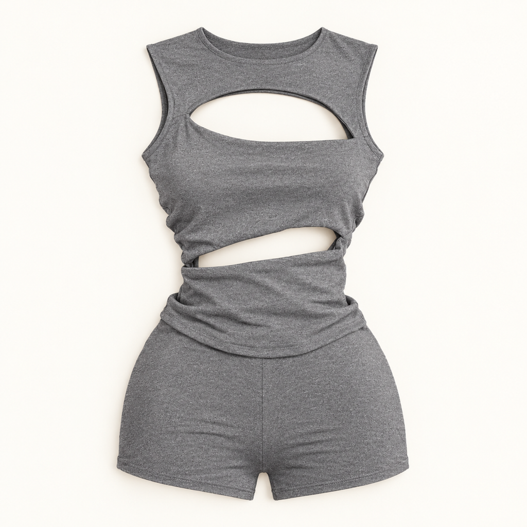 Gray Cutout Short Romper, garment-only design view