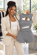 Gray Cutout Short Romper, model lifestyle view