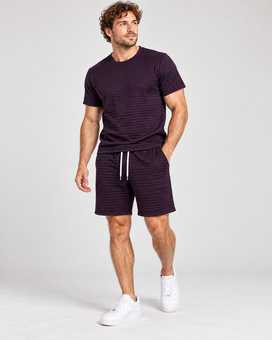 Deep plum textured T-shirt and shorts set worn by model