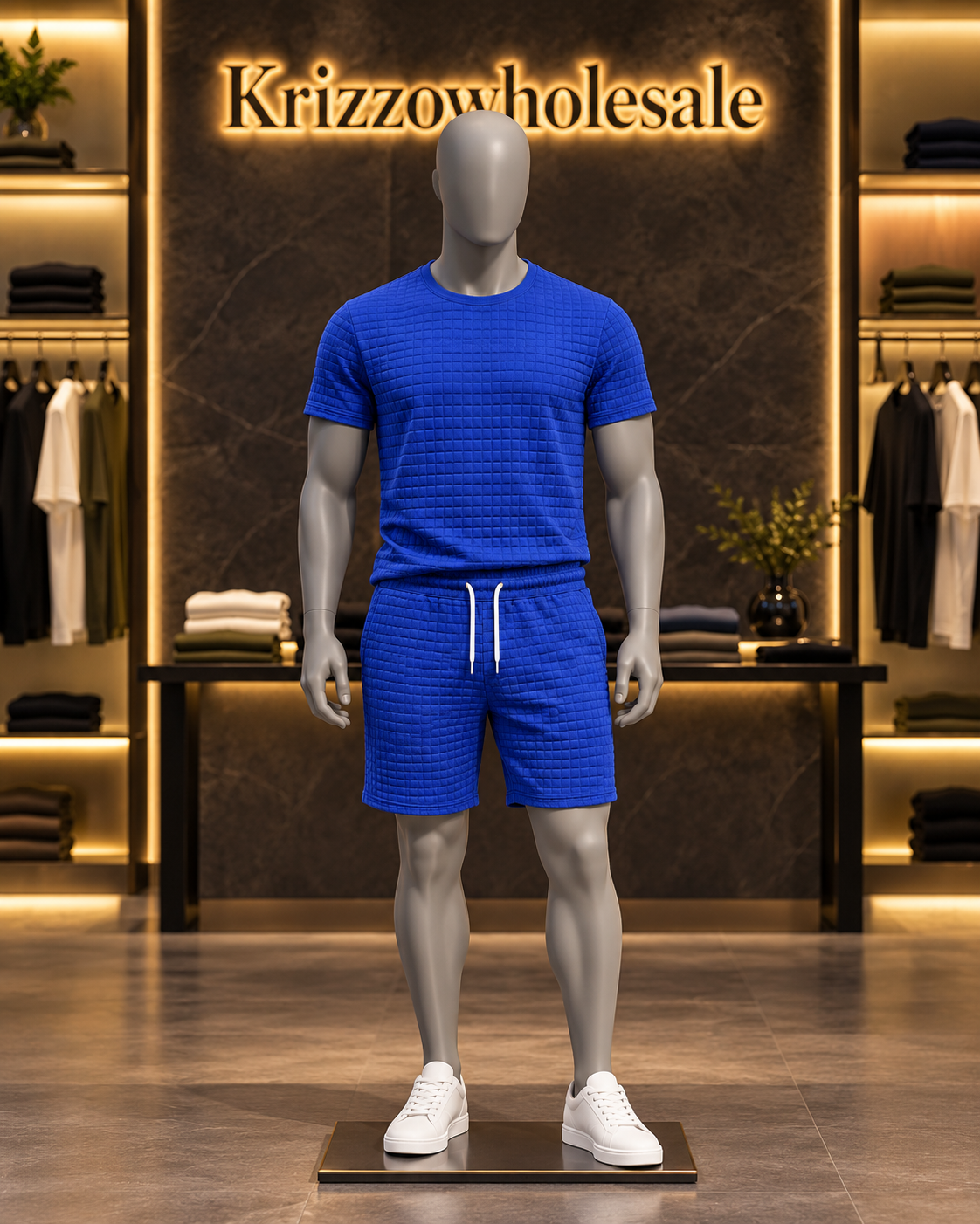 Royal blue textured T-shirt and shorts set on male mannequin in Krizzowholesale showroom