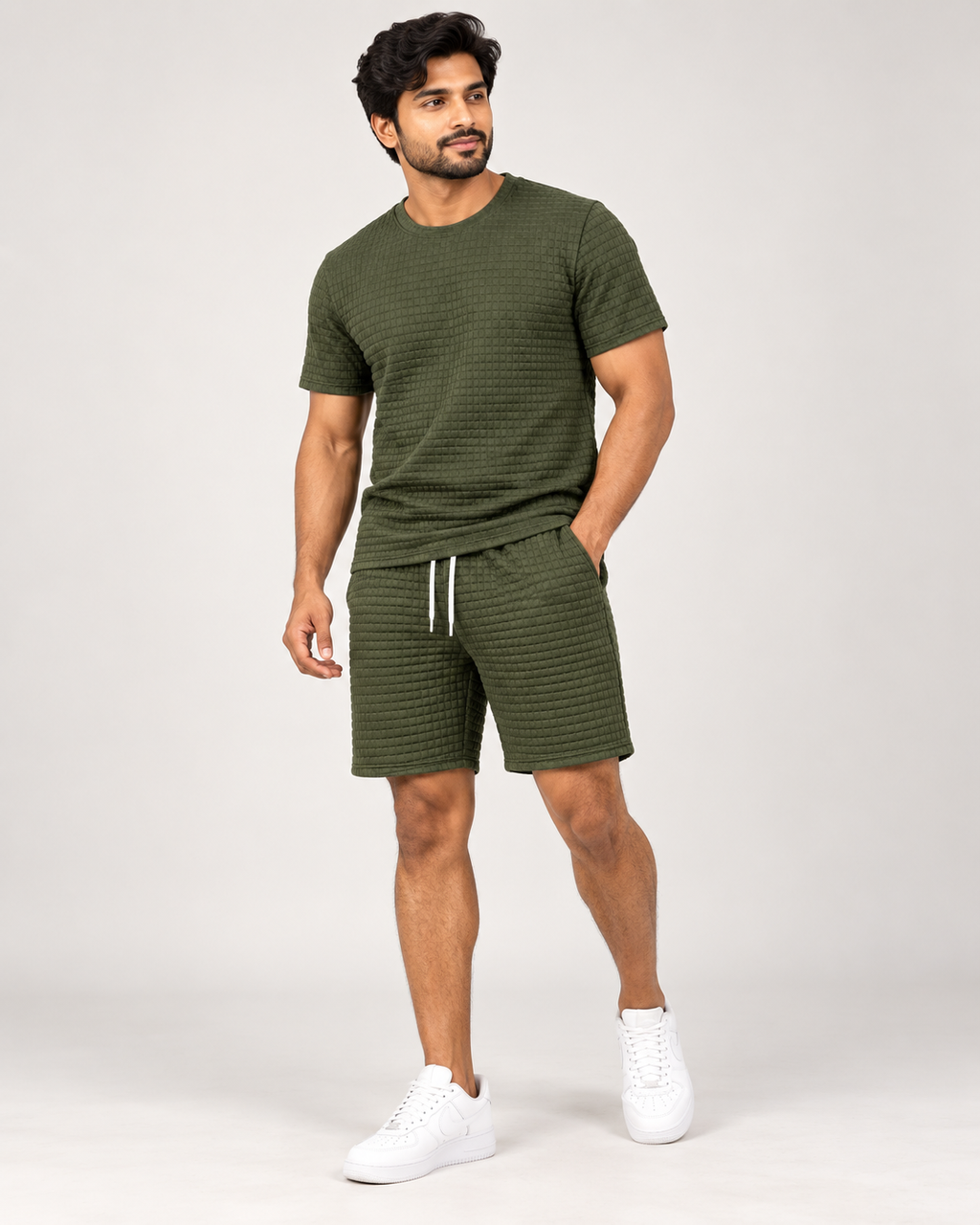 Olive textured T-shirt and shorts set worn by model