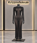 Highly sheer black embellished mesh maxi dress on Krizzowholesale boutique mannequin