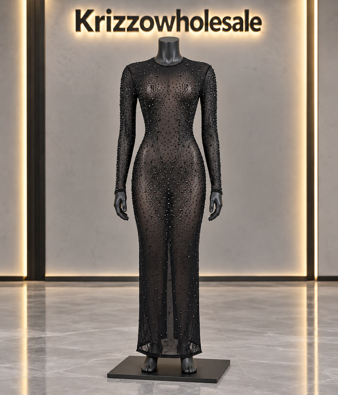 Highly sheer black embellished mesh maxi dress on Krizzowholesale boutique mannequin