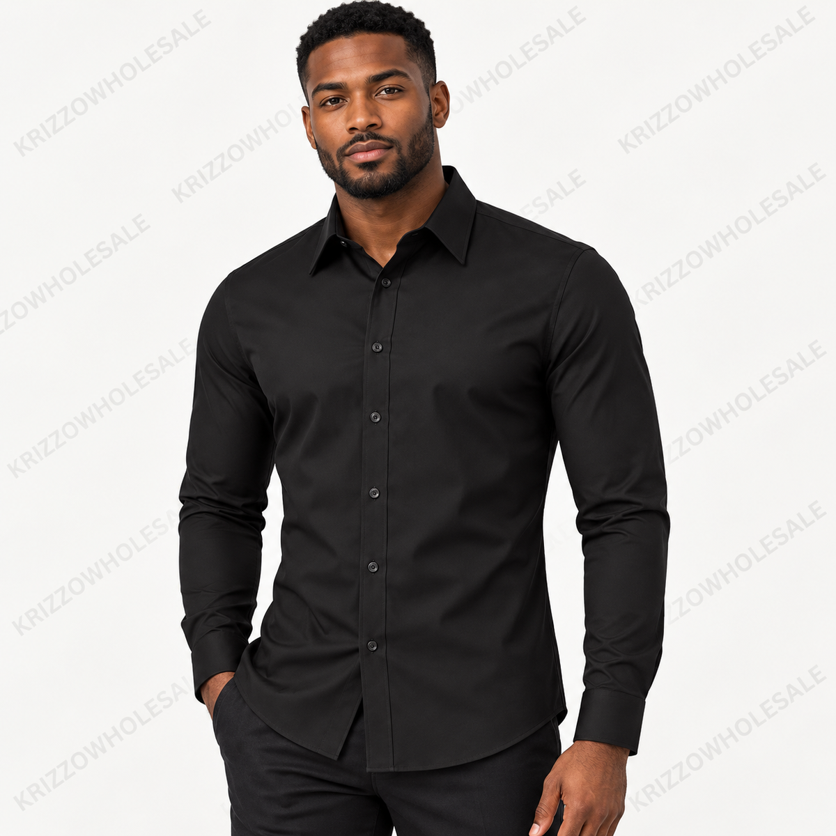 Krizzowholesale men's button-down shirt in Black worn by model