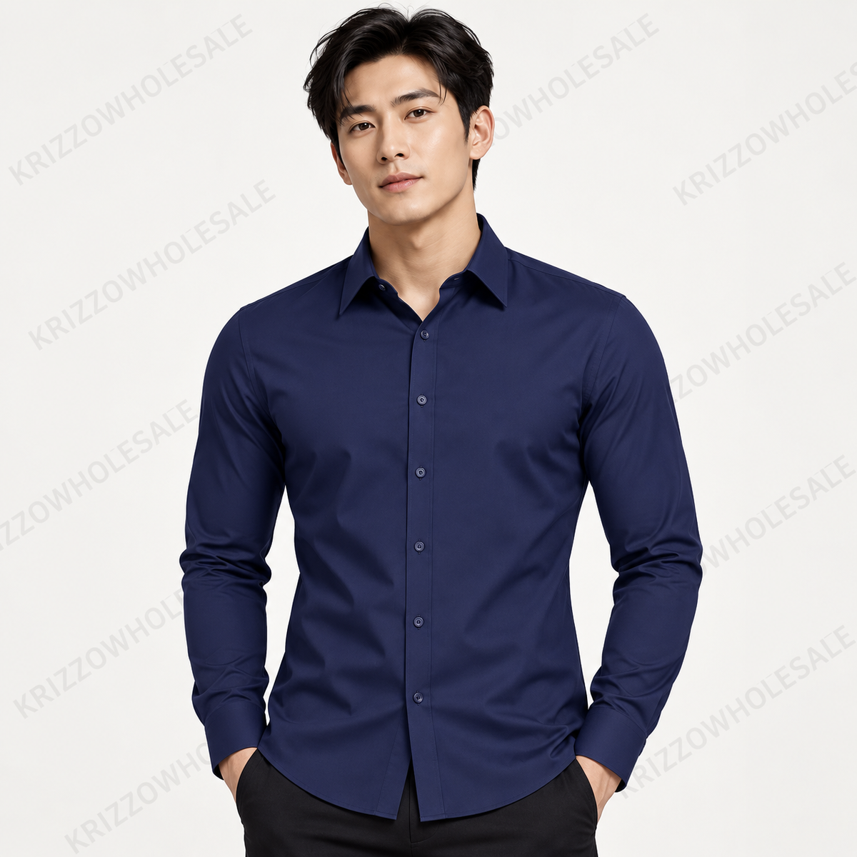 Krizzowholesale men's button-down shirt in Navy worn by model