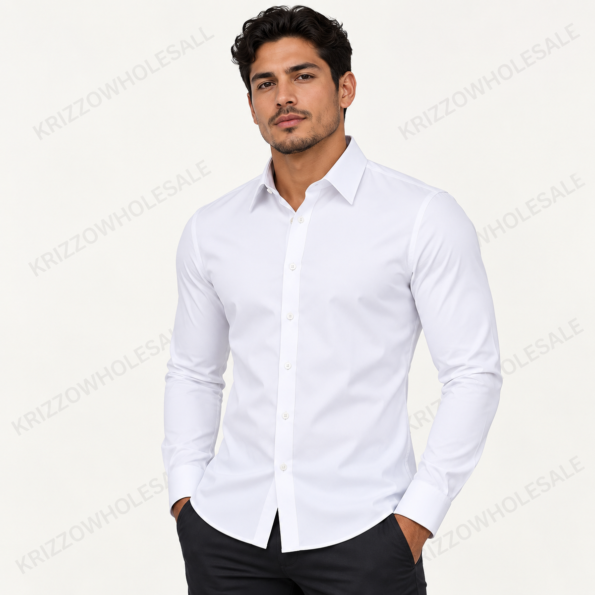 Krizzowholesale men's button-down shirt in White worn by model