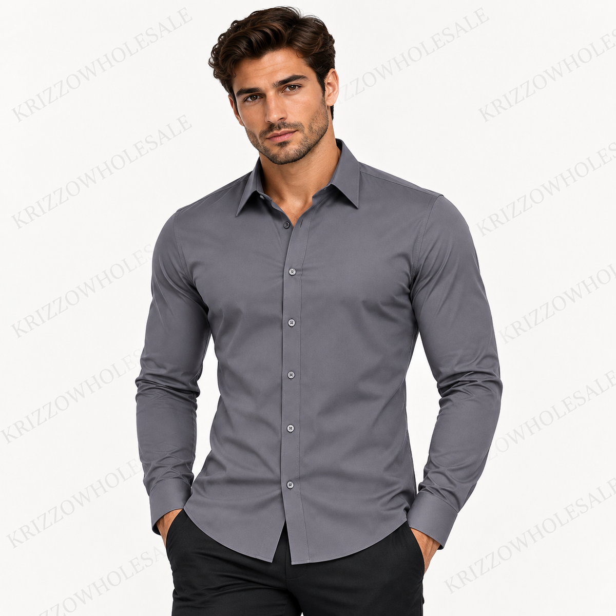 Krizzowholesale men's button-down shirt in Gray worn by model