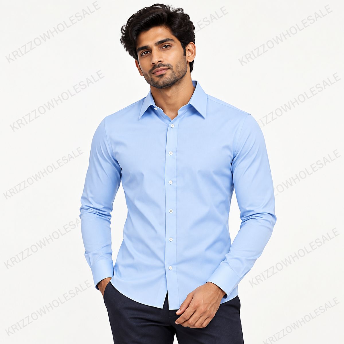 Krizzowholesale men's button-down shirt in Light Blue worn by model