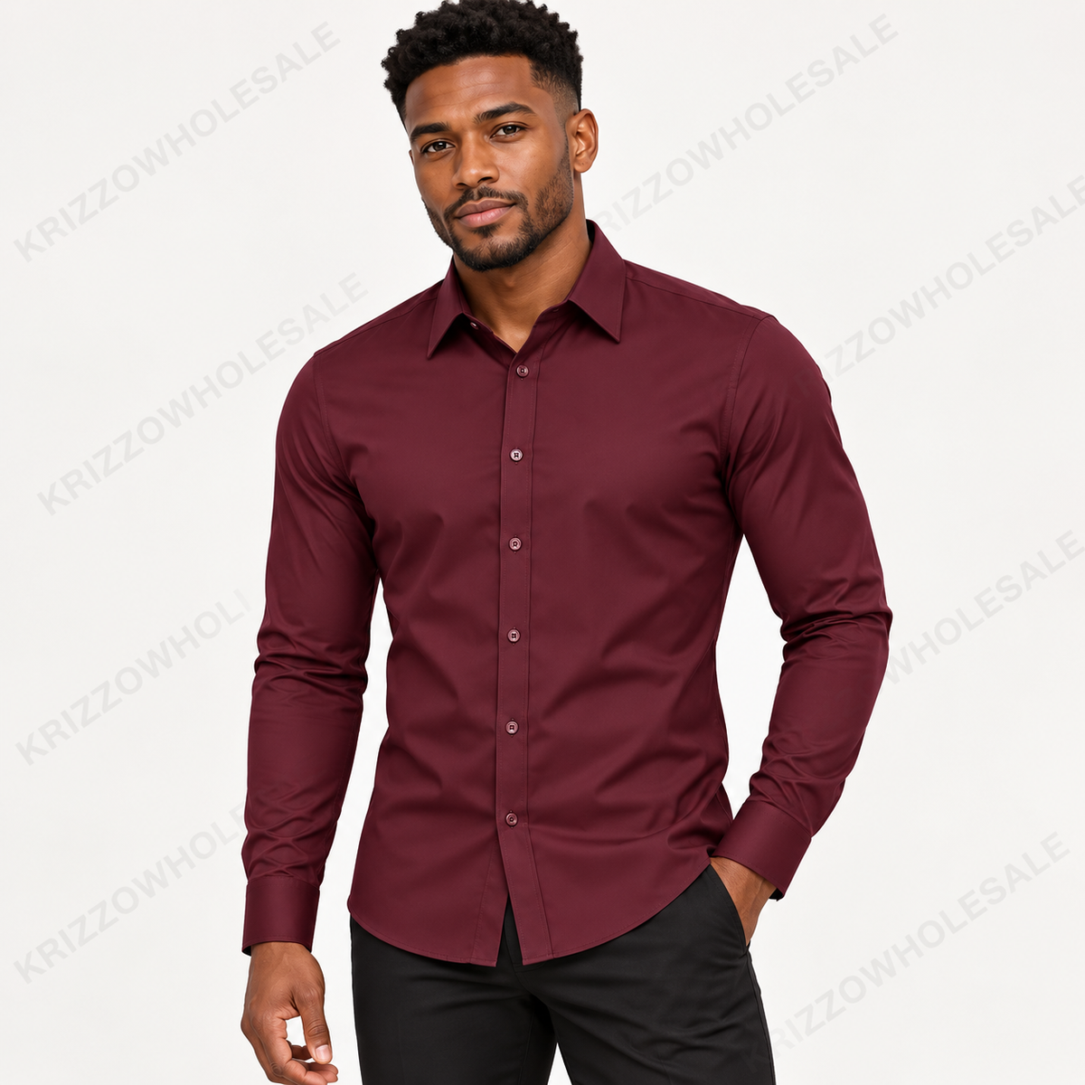 Krizzowholesale men's button-down shirt in Burgundy worn by model