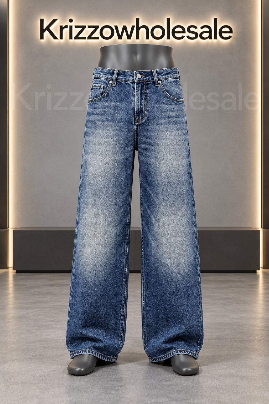 Krizzowholesale Men's Washed Wide-Leg Jeans item-focused mannequin in branded studio