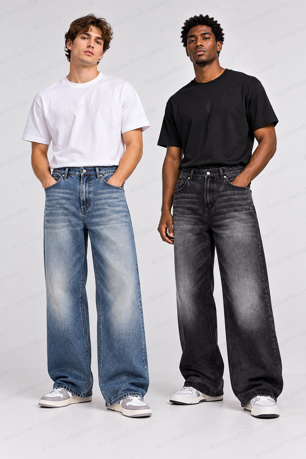 Krizzowholesale Men's Washed Wide-Leg Jeans editorial model photograph