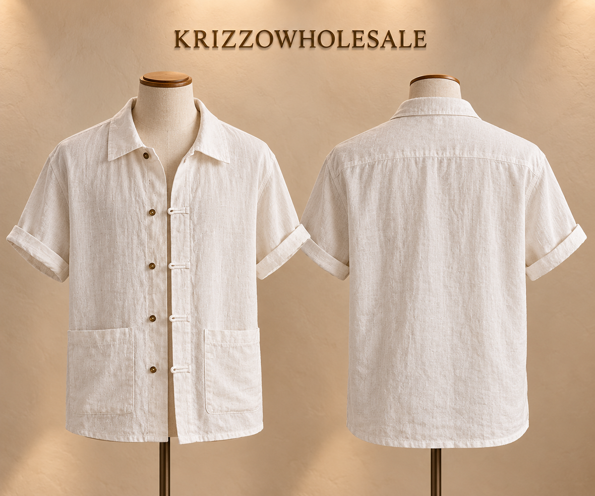 white mannequin — men's linen shirt, front and back on mannequin or styled on model