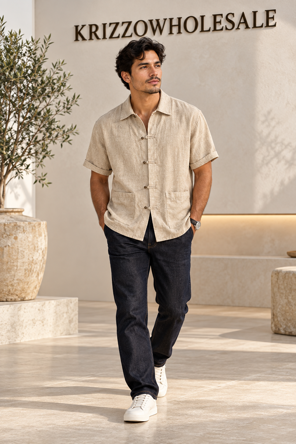 white model — men's linen shirt, front and back on mannequin or styled on model