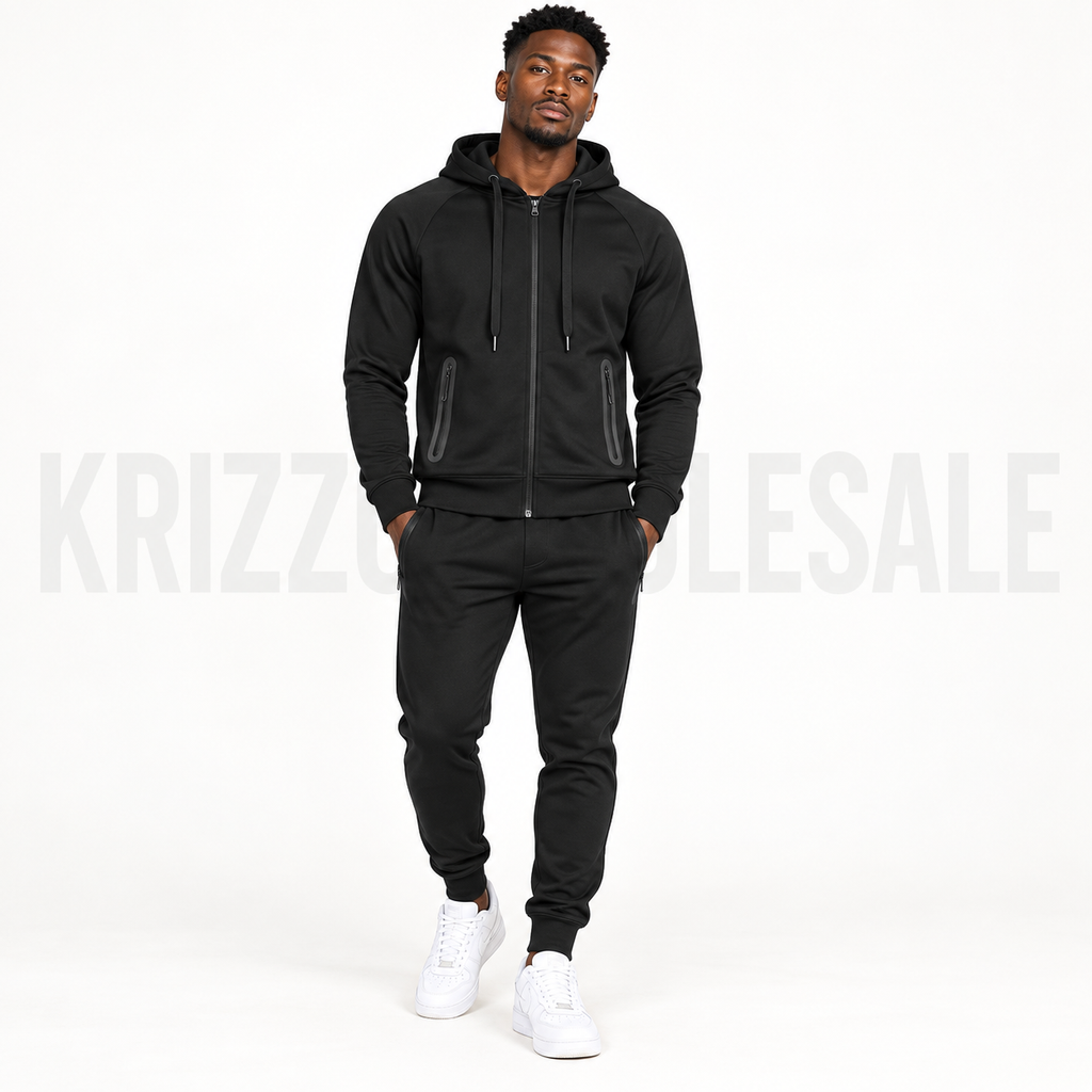 Krizzowholesale zip hoodie and jogger set in Black on model