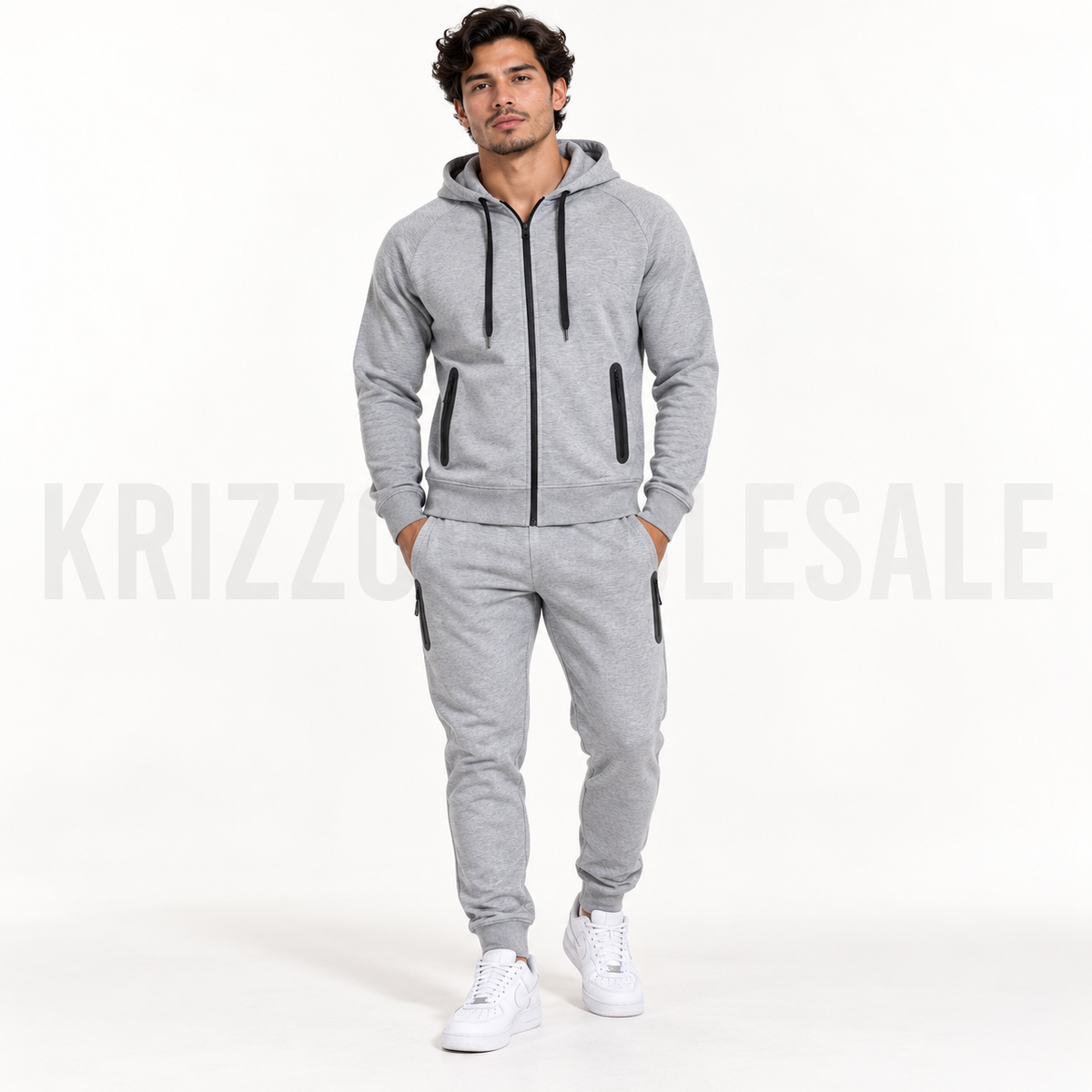 Krizzowholesale zip hoodie and jogger set in Light Gray on model