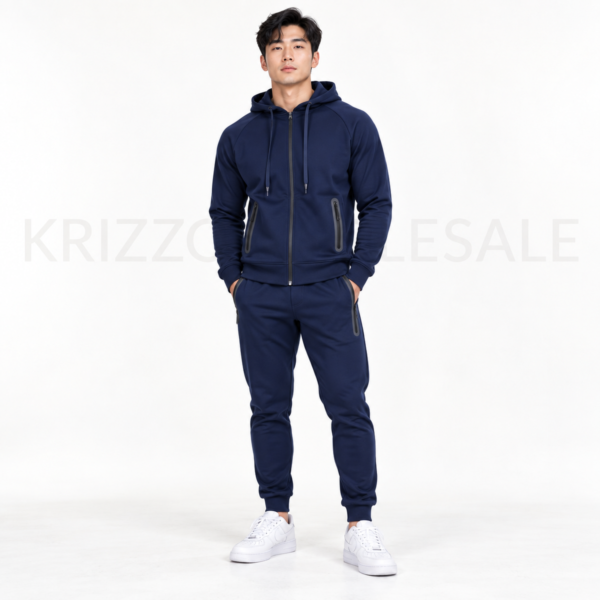 Krizzowholesale zip hoodie and jogger set in Navy on model