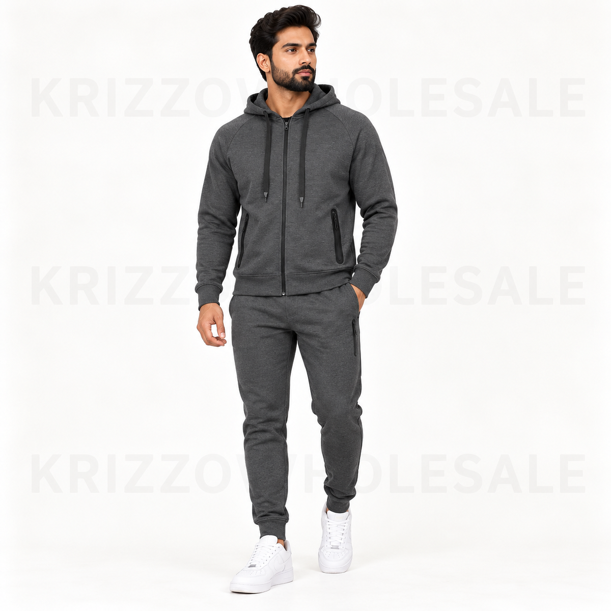 Krizzowholesale zip hoodie and jogger set in Dark Gray on model