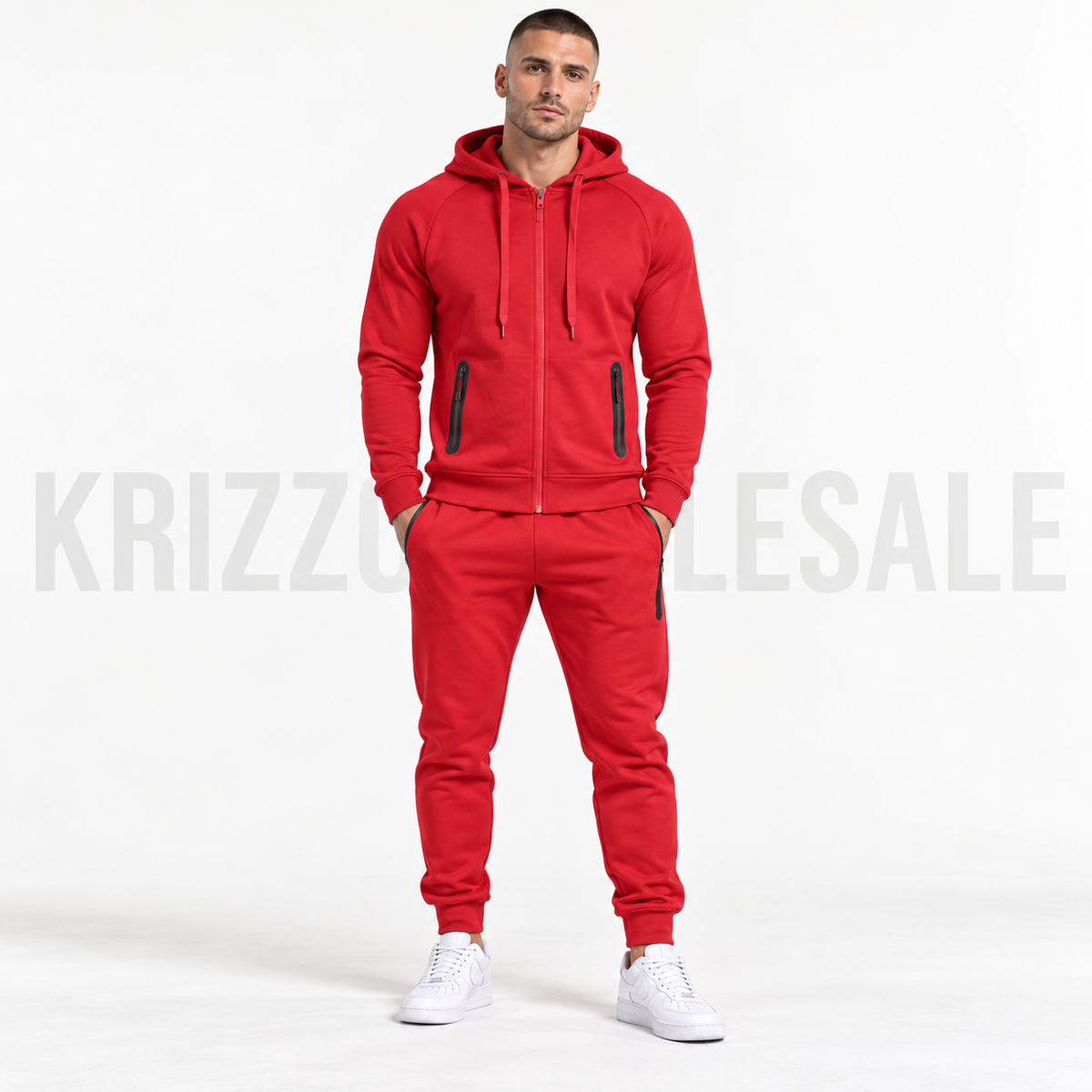 Krizzowholesale zip hoodie and jogger set in Red on model
