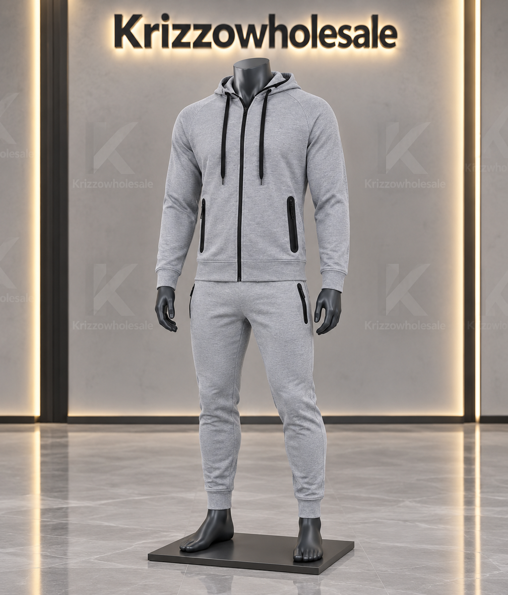 Krizzowholesale Men's Zip Hoodie and Jogger Set item-focused mannequin in branded studio
