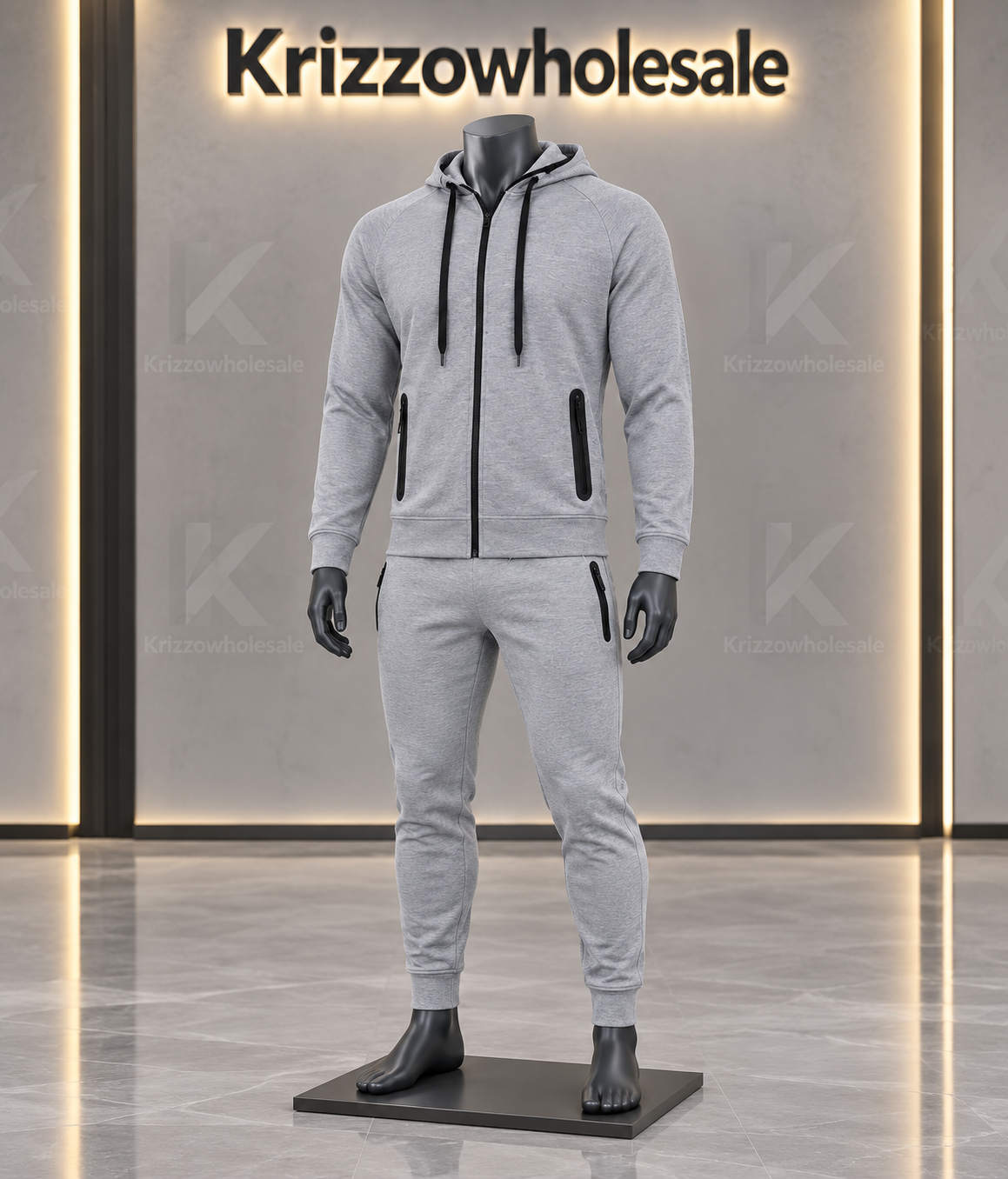 Krizzowholesale Men's Zip Hoodie and Jogger Set item-focused mannequin in branded studio