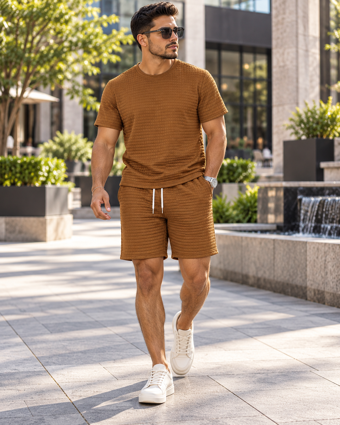 Men's rust textured matching set on model