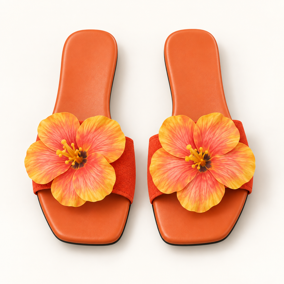 orange floral sandals on neutral background
