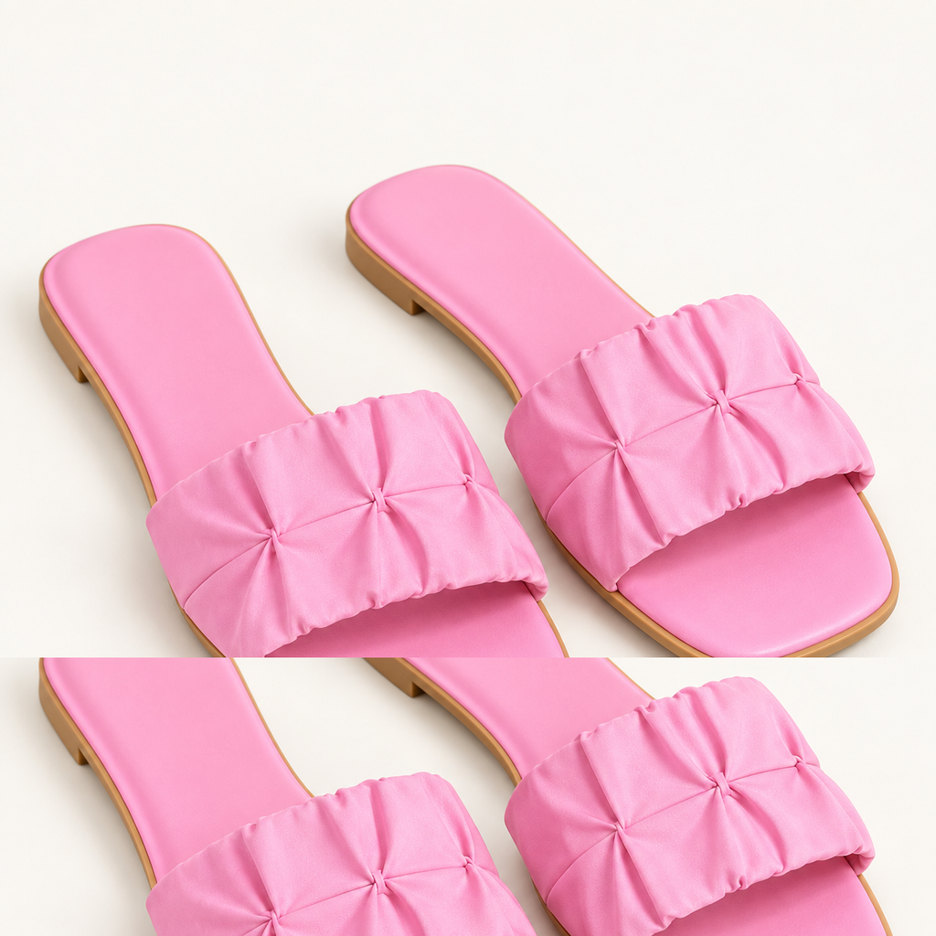 pink ruffle sandals on neutral background
