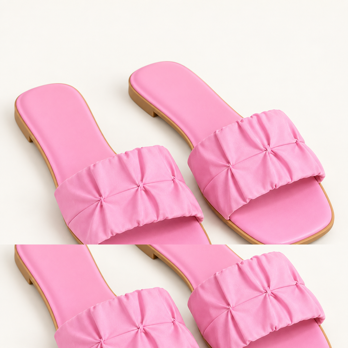 pink ruffle sandals on neutral background