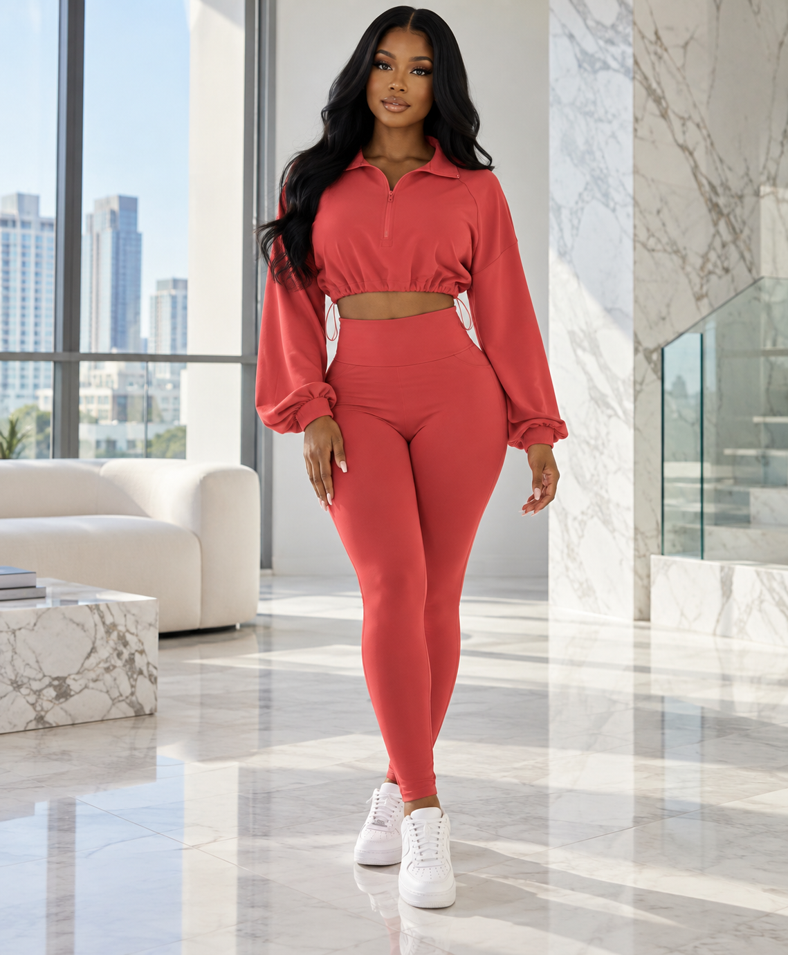 Coral red cropped quarter-zip set on Krizzowholesale model