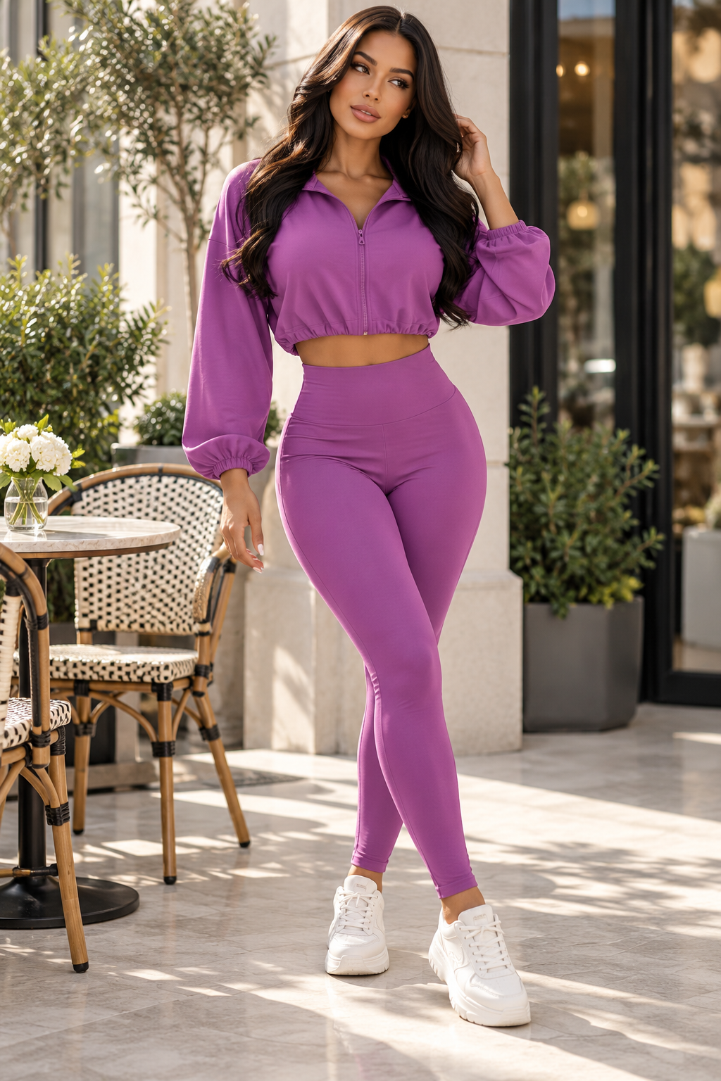 Purple cropped quarter-zip set on Krizzowholesale model